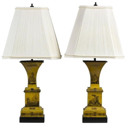 A Pair of Romantic Yellow Tole Urns Mounted as Lamps